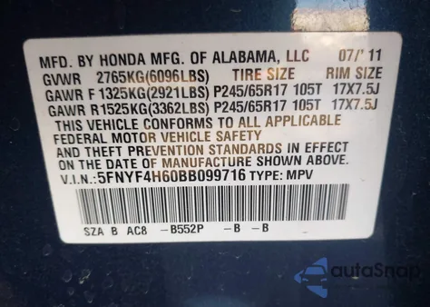 2011 Honda Pilot Ex-L z USA, uszkodzony, nr VIN 5FNYF4H60BB099716